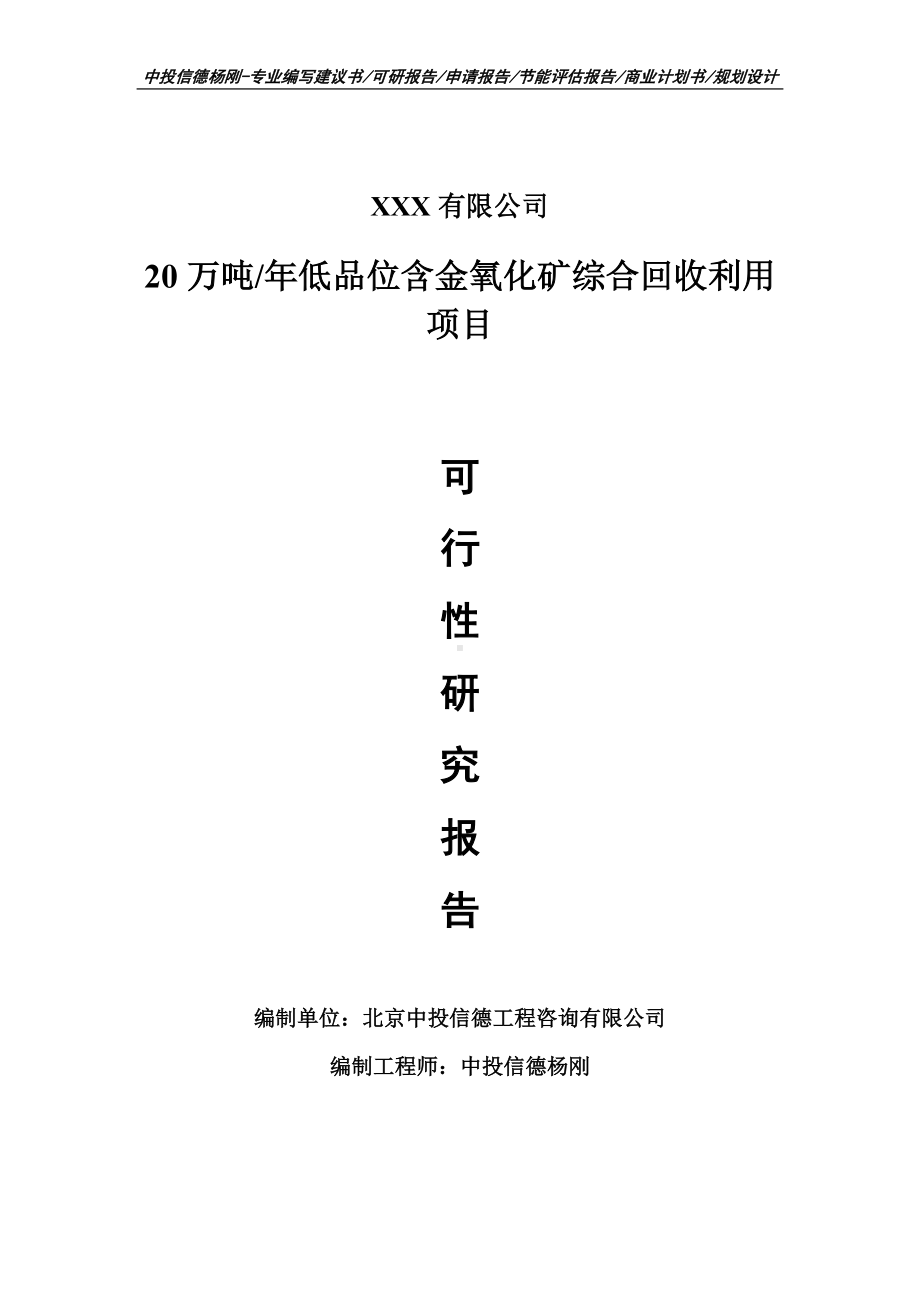 低品位含金氧化矿综合回收利用可行性研究报告建议书申请立项案例.doc_第1页