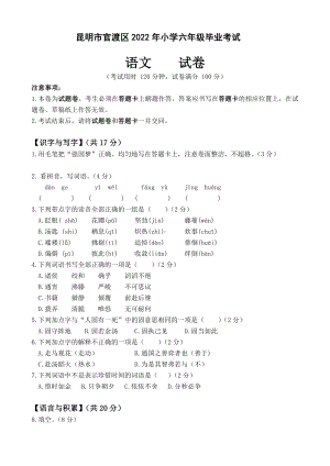 2022年昆明市官渡区小升初考试 语文 试题（含解析）.docx