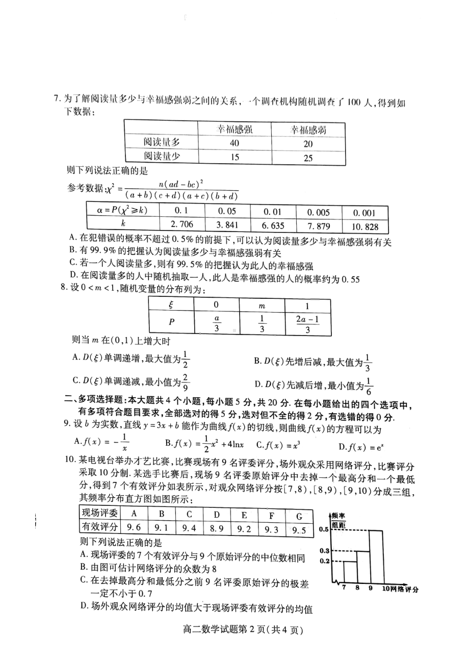 山东省潍坊市2021-2022高二下学期数学期末试卷及答案.pdf_第2页