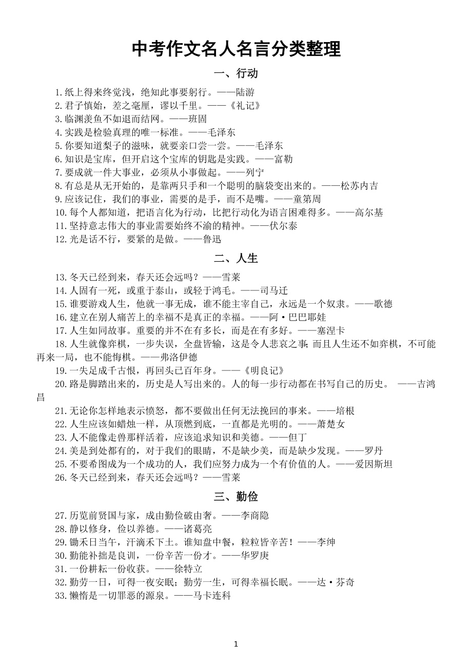 初中语文中考优质作文素材-名人名言（共十大类100句）.docx_第1页