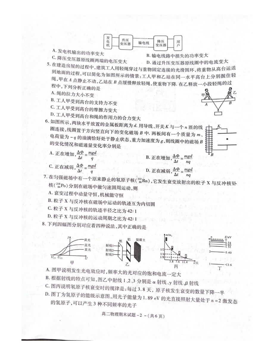 陕西省咸阳市2021-2022学年高二下学期期末教学质量检测物理试题.pdf_第2页