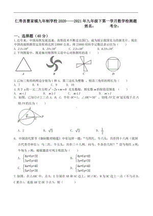 四川省眉山市仁寿县曹家镇九年制 2020-2021年九年级下学期第一学月数学检测题.docx