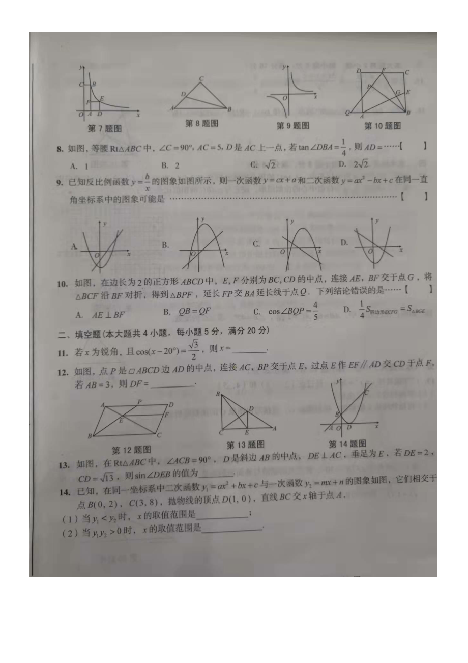 安徽省天长市实验 集团2021~2022学年九年级上学期第一次联考数学试卷.pdf_第2页