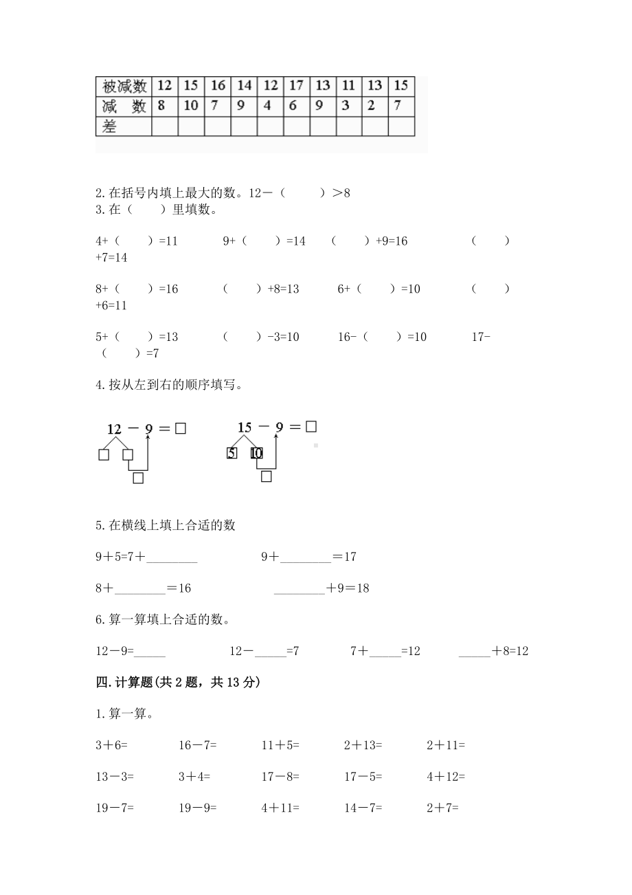 人教版一年级下册数学第二单元 20以内的退位减法 测试卷及答案（易错题）.docx_第2页