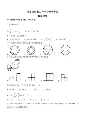 2022年黑龙江省哈尔滨市中考数学真题（含答案）.docx