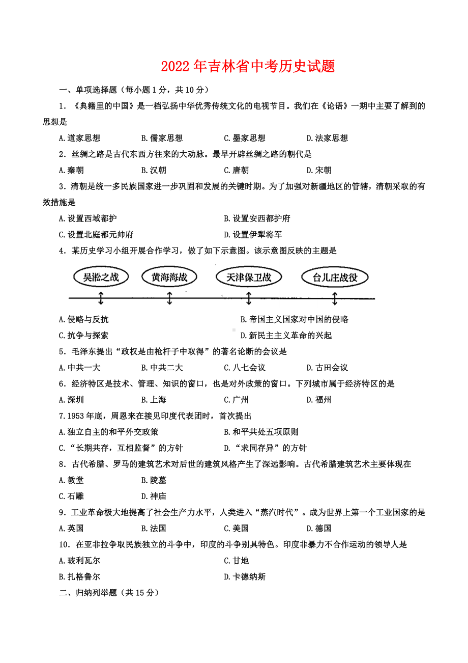 2022年吉林省中考历史试题（含答案）.docx_第1页