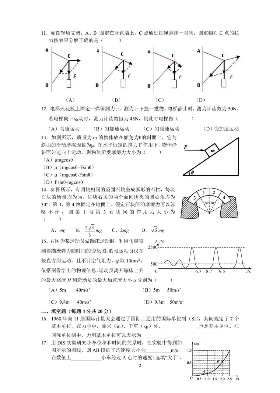 上海市实验 2020-2021学年高一上学期期末考试物理试卷.pdf_第2页