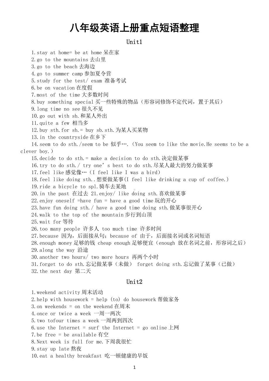 初中英语人教版八年级上册重点短语整理共10个单元docx