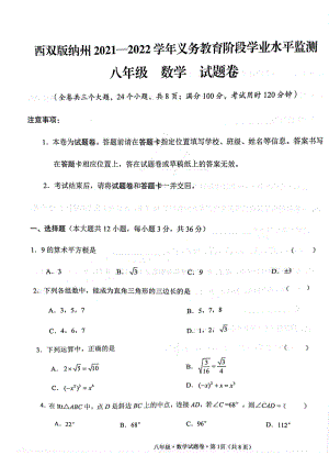 云南省西双版纳州2021-2022学年八年级下学期期末考试数学试题.pdf