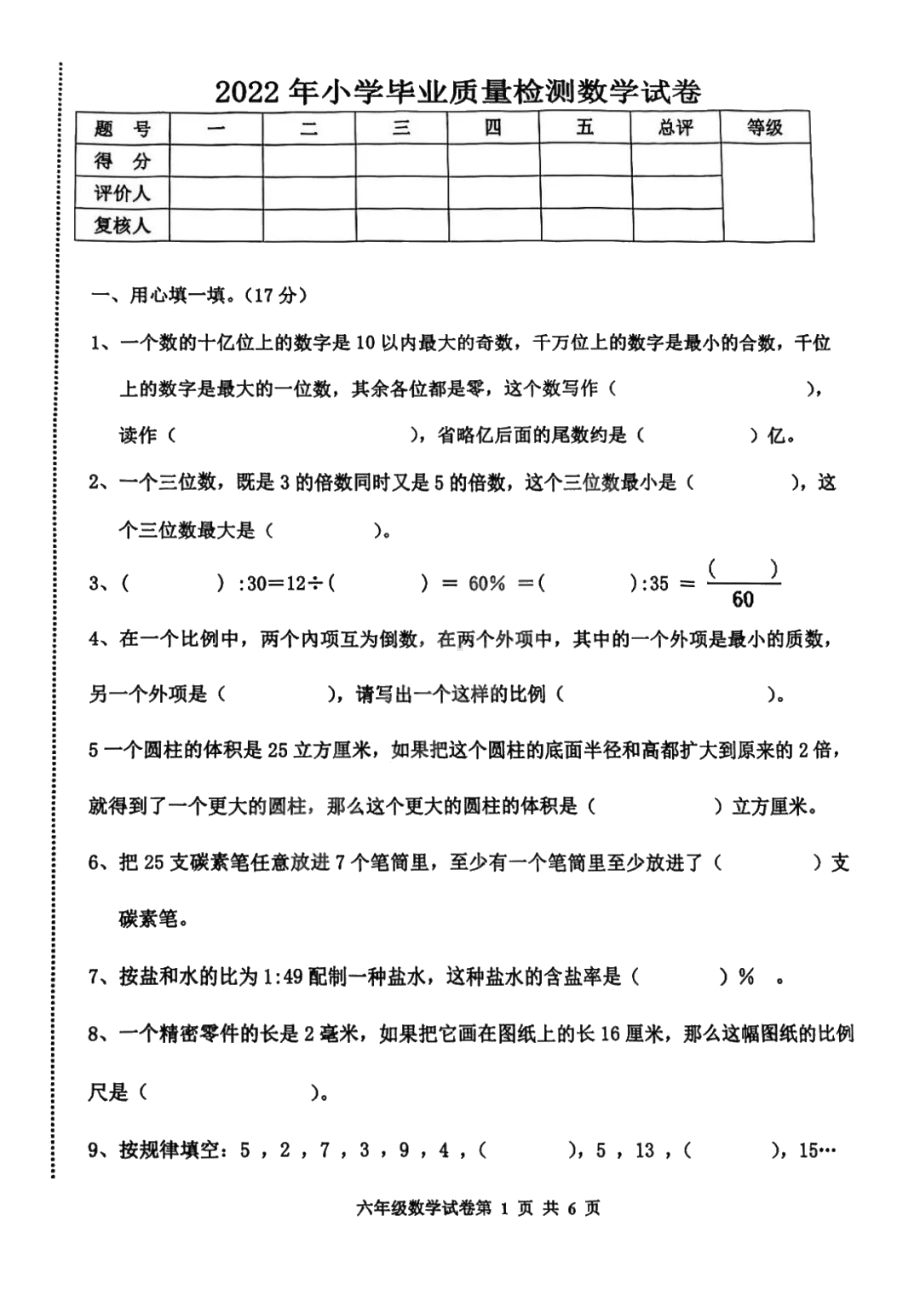 河北省唐山市路南区2021-2022学年六年级下学期小学毕业质量检测数学试卷.pdf_第1页