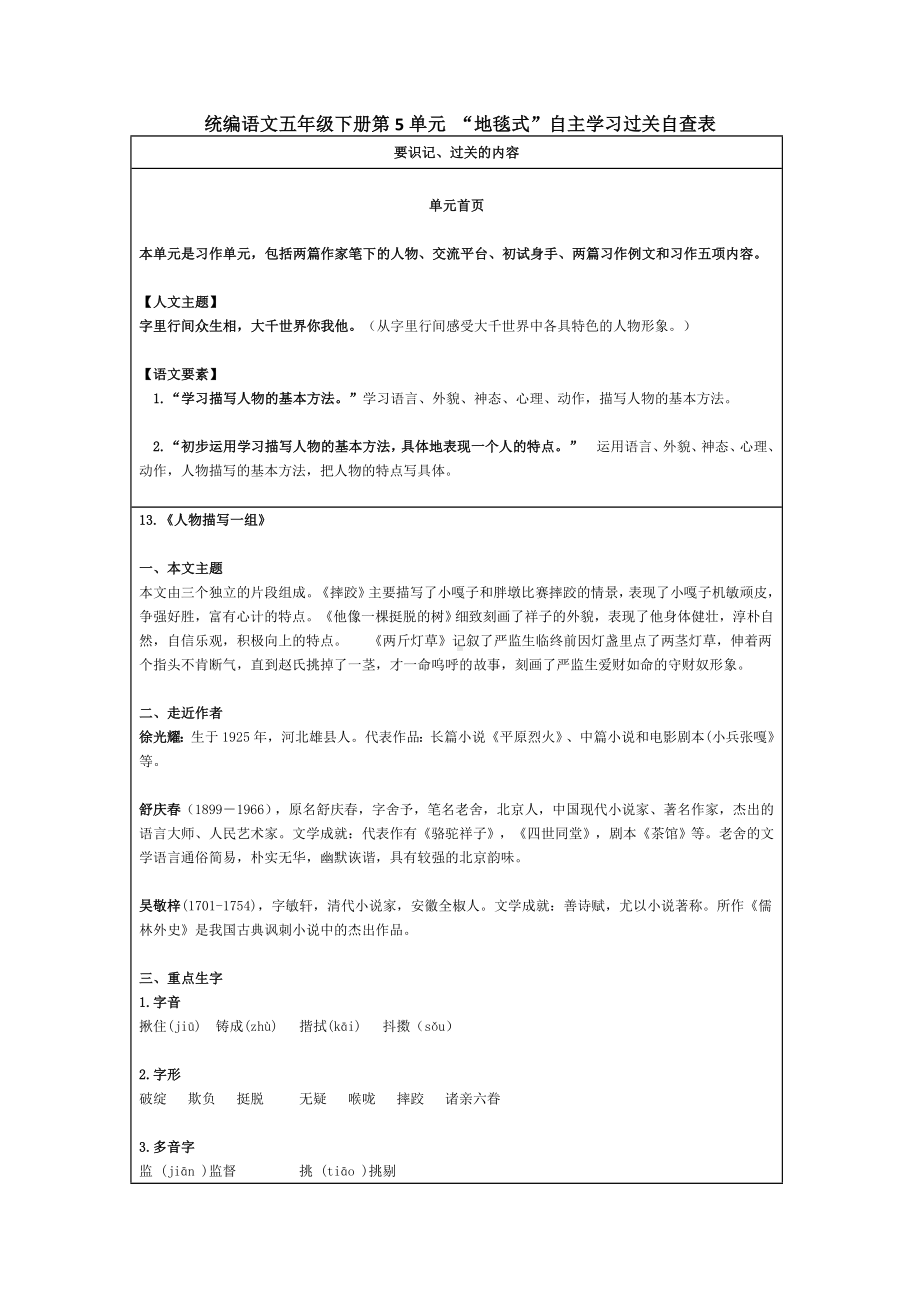 统编语文五年级下册第5单元 “地毯式”自主学习过关自查表.docx_第1页