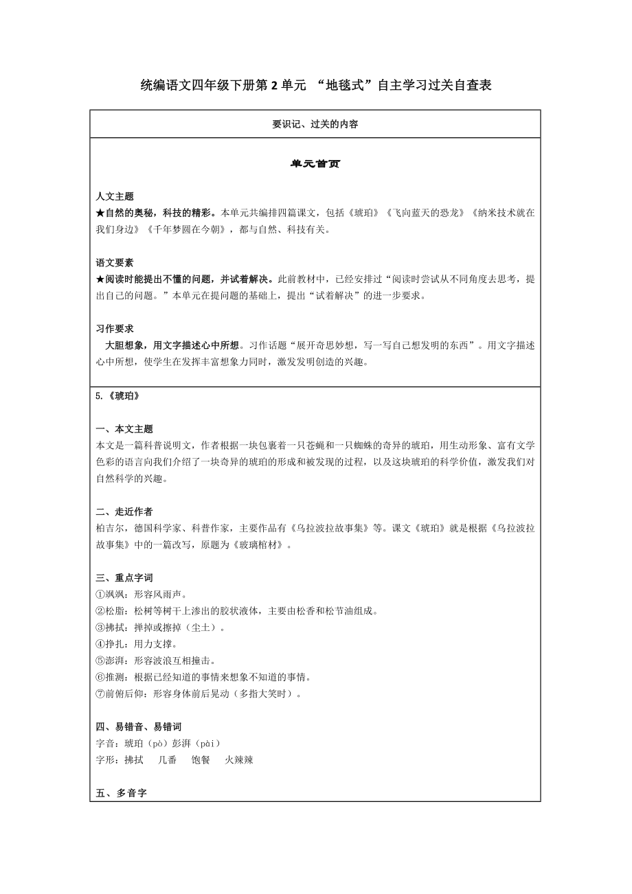 统编语文四年级下册第2单元 “地毯式”自主学习过关自查表.docx_第1页