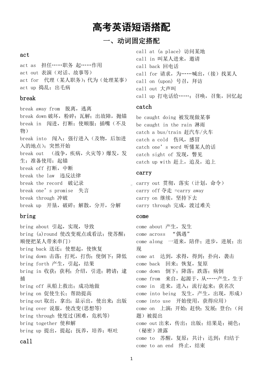 高中英语高考复习短语搭配汇总（31组动词固定搭配+17组介词短语）.docx_第1页