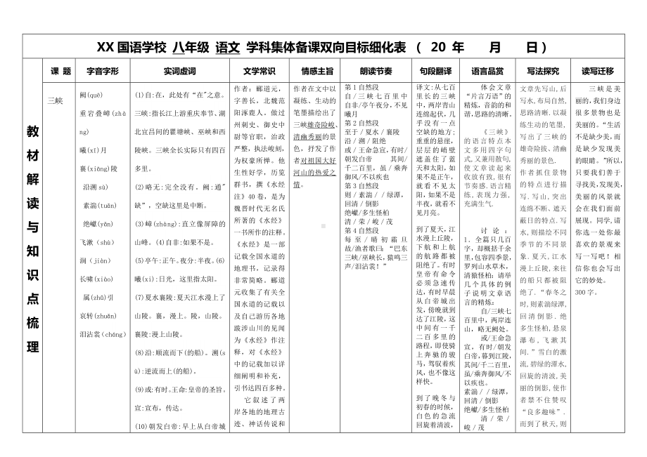 部编版八年级语文上册《三峡》双向目标细目表（定稿集体教研）.docx_第1页