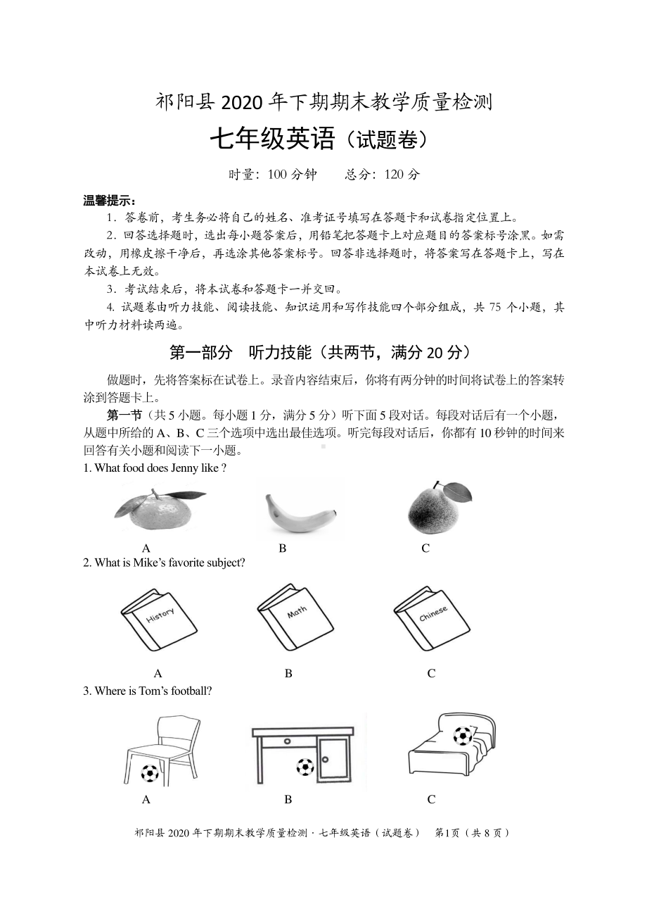 湖南省祁阳县2020-2021学年上学期期末教学质量检测英语试题.pdf_第1页