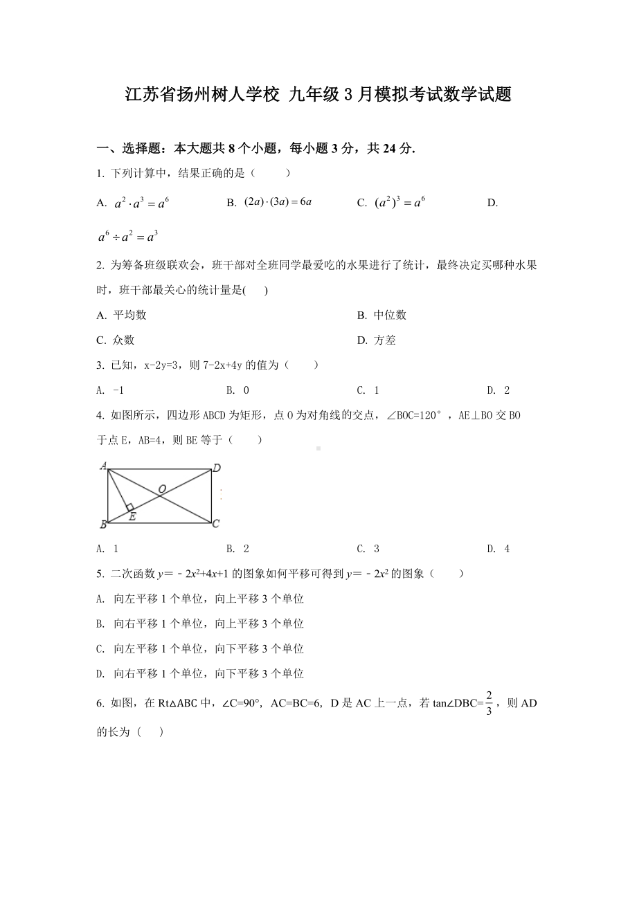 江苏省扬州树人 九年级3月模拟考试数学试题.docx_第1页