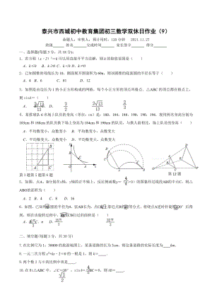 江苏省泰兴市西城初中教育集团2021-2022学年九年级上学期数学双休日作业9.docx