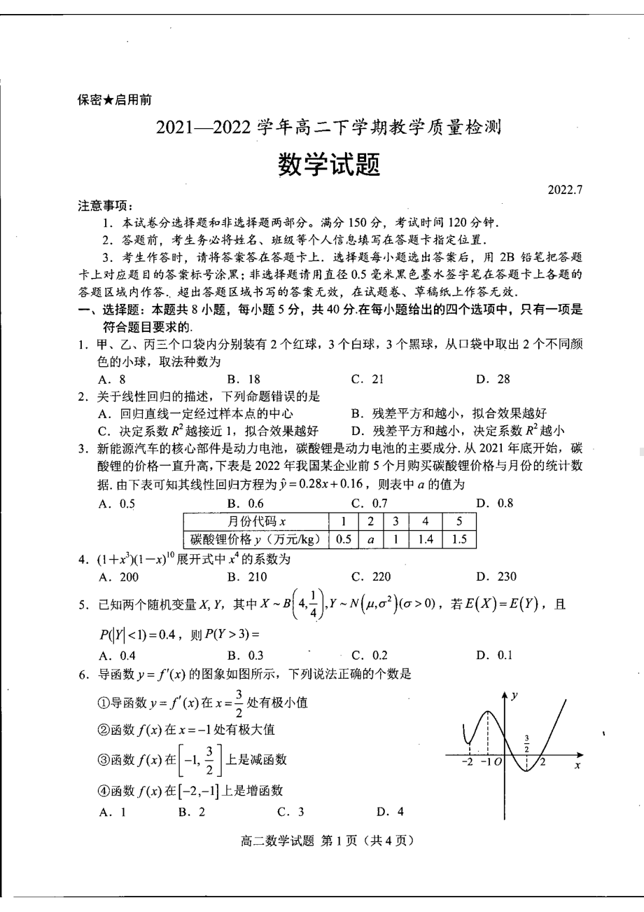 山东省菏泽市2021-2022高二下学期数学期末质量检测试卷及答案.pdf_第1页