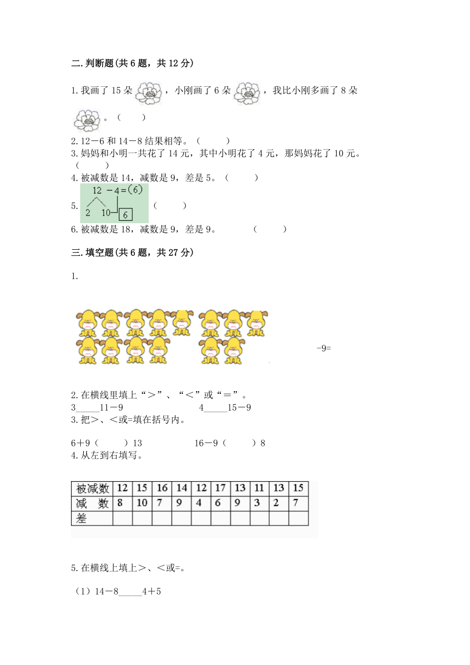 苏教版一年级下册数学第一单元 20以内的退位减法 测试卷精品（全优）.docx_第2页