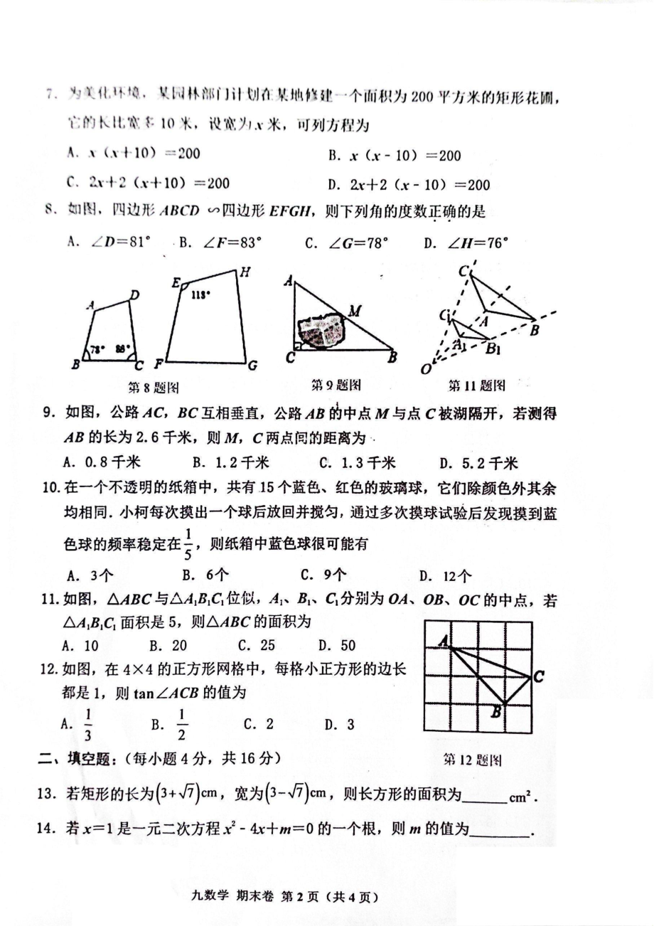 海南省定安县2021-2022学年九年级上学期期末考试数学试题.pdf_第2页