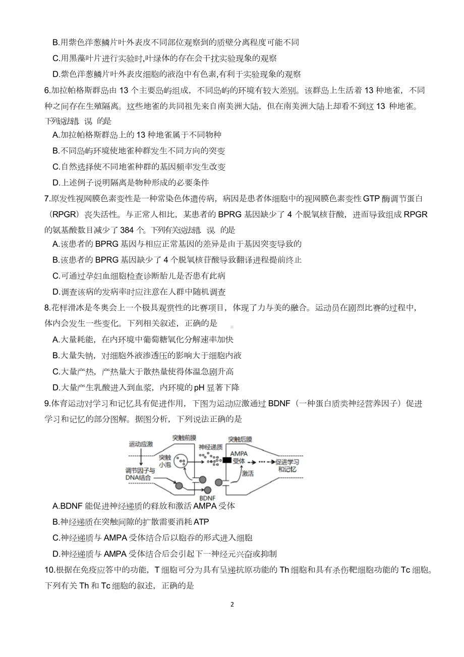 广东省汕头市2021-2022学年高三上学期期末教学质量监测生物试题 含答案.doc_第2页