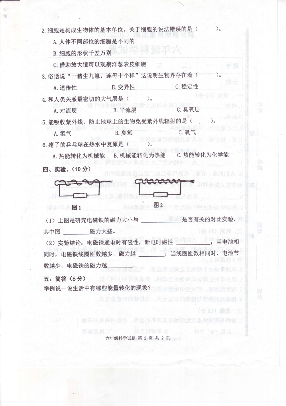 枣庄市中区六年级下册科学期末测试卷.pdf_第2页