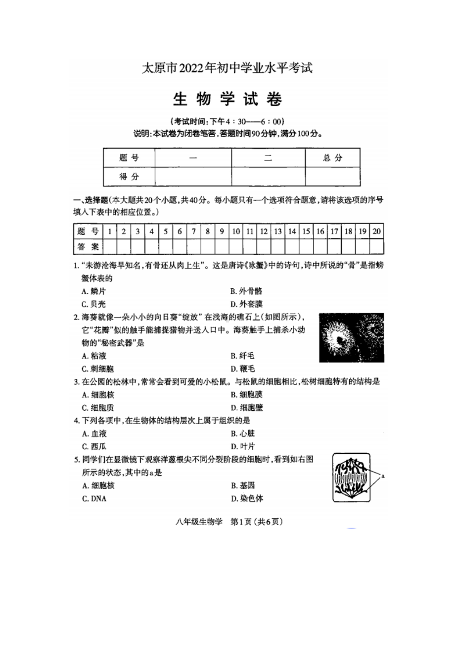 2022年山西省太原市初中学业水平考试生物试题 （含参考答案）.docx_第1页