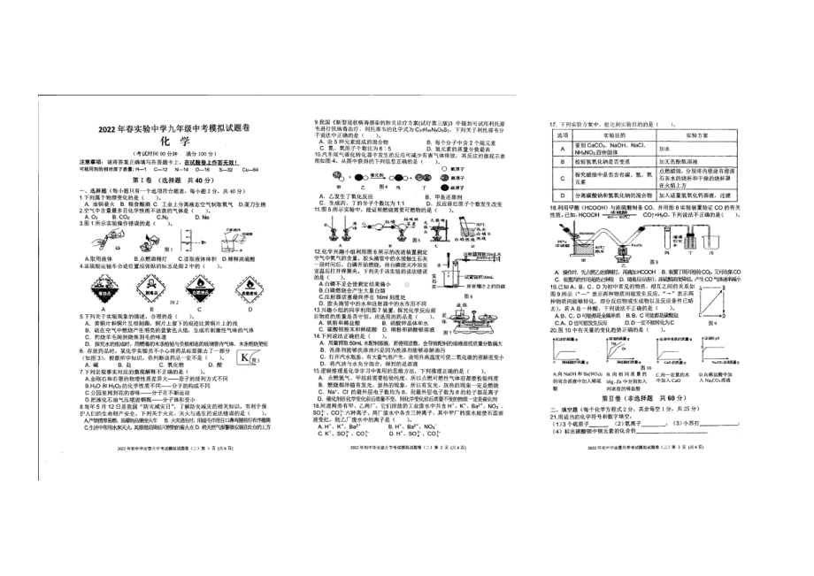 2022年广西河池市都安县民族实验初级 模拟化学试卷.pdf_第1页