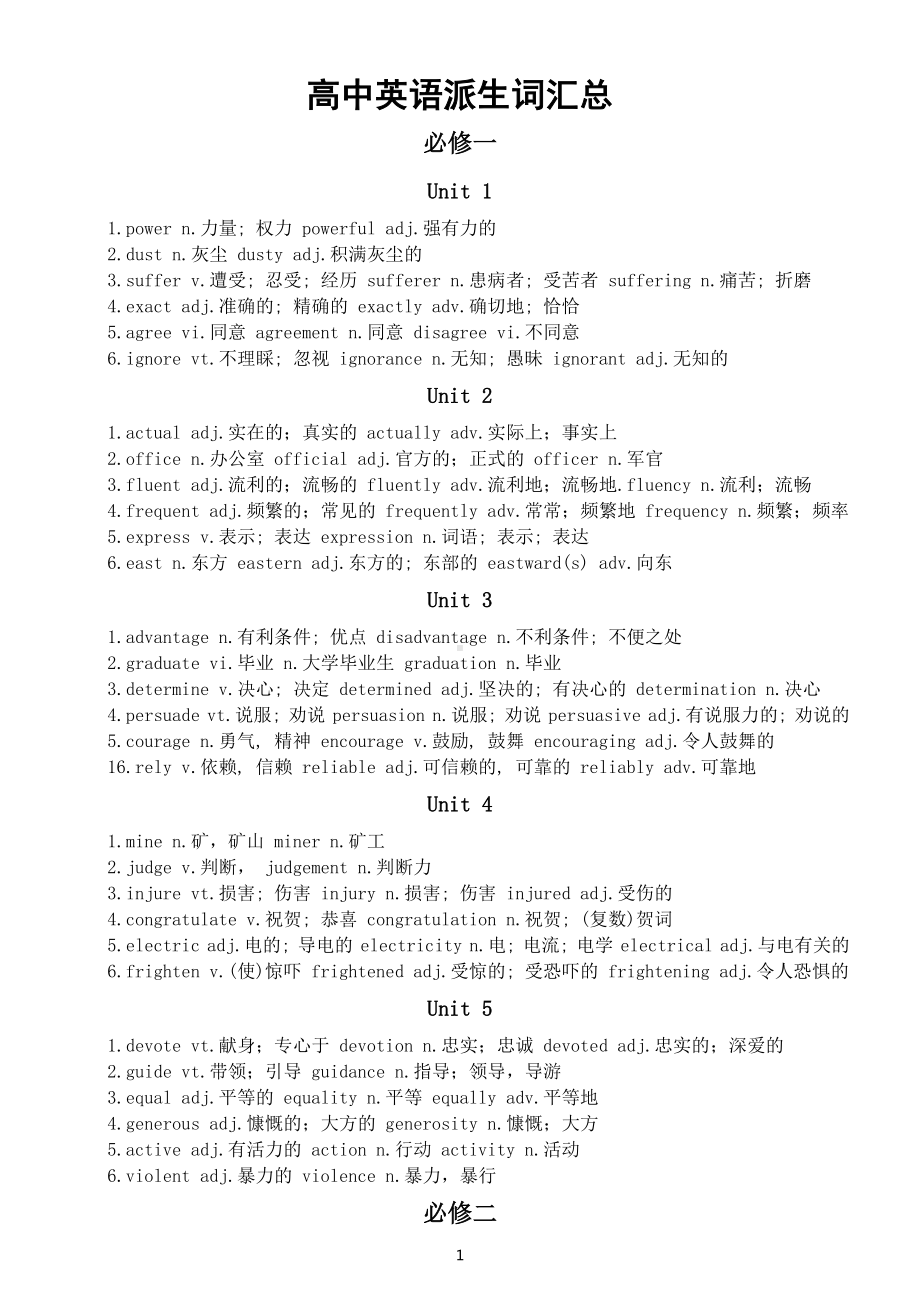 高中英语人教新课标派生词汇总（必修选修共八册分单元编排）.docx_第1页