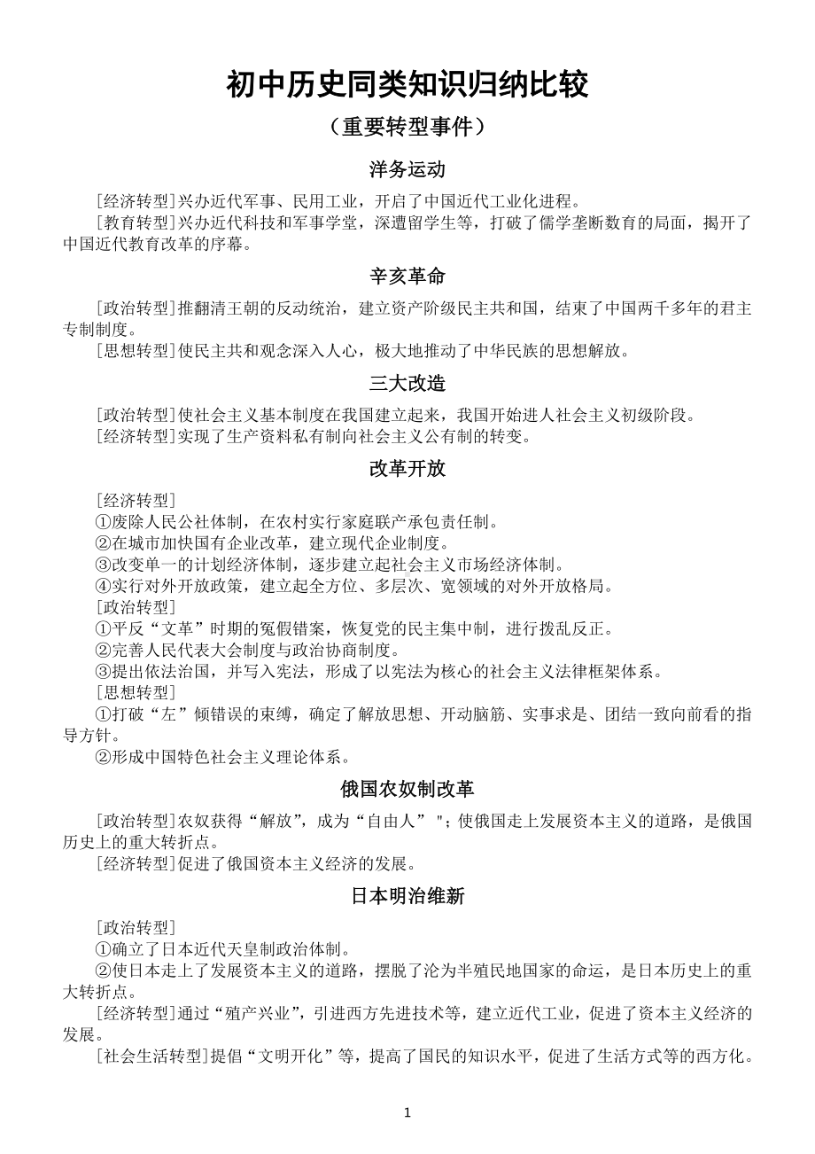 初中历史中考复习同类知识归纳比较（重要转型事件+民族精神）.docx_第1页