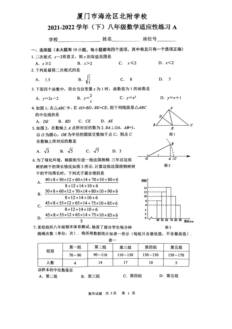 福建省厦门市海沧区北附 2021-2022学年八年级下学期数学期末试卷.pdf_第1页