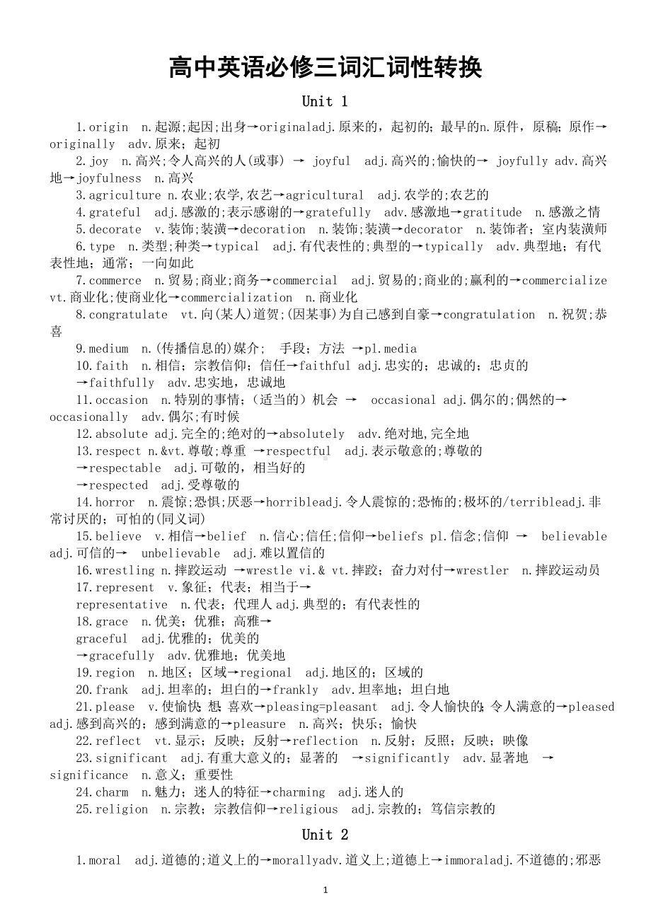 高中英语新人教版必修三词汇词性转换汇总（分单元编排）.doc_第1页