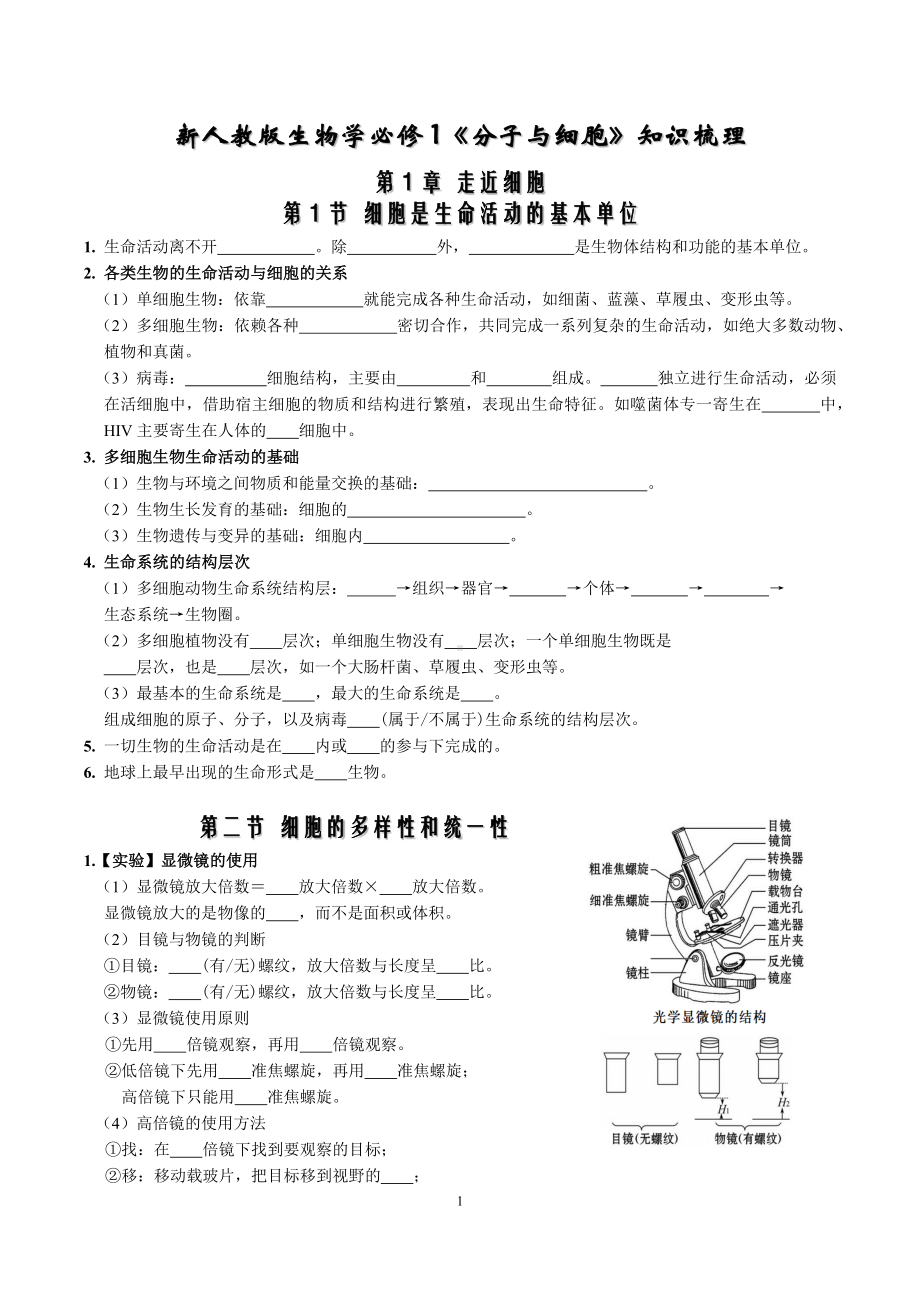 （新教材人教2019版）高中生物必修1全册必背知识点（填空版+背诵版）.docx_第1页