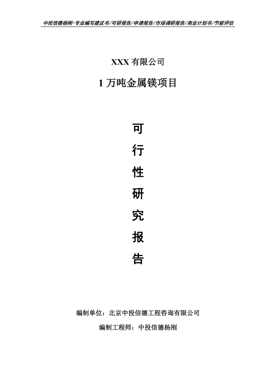 1万吨金属镁项目可行性研究报告申请建议书案例.doc_第1页