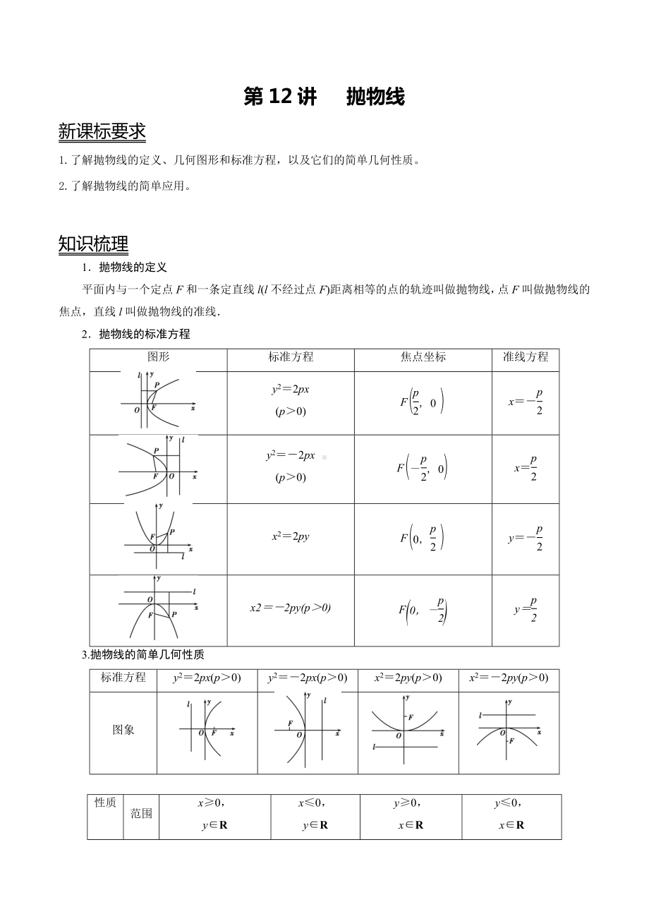 （新高二暑假讲义12讲）第12讲 抛物线 试卷.docx_第1页