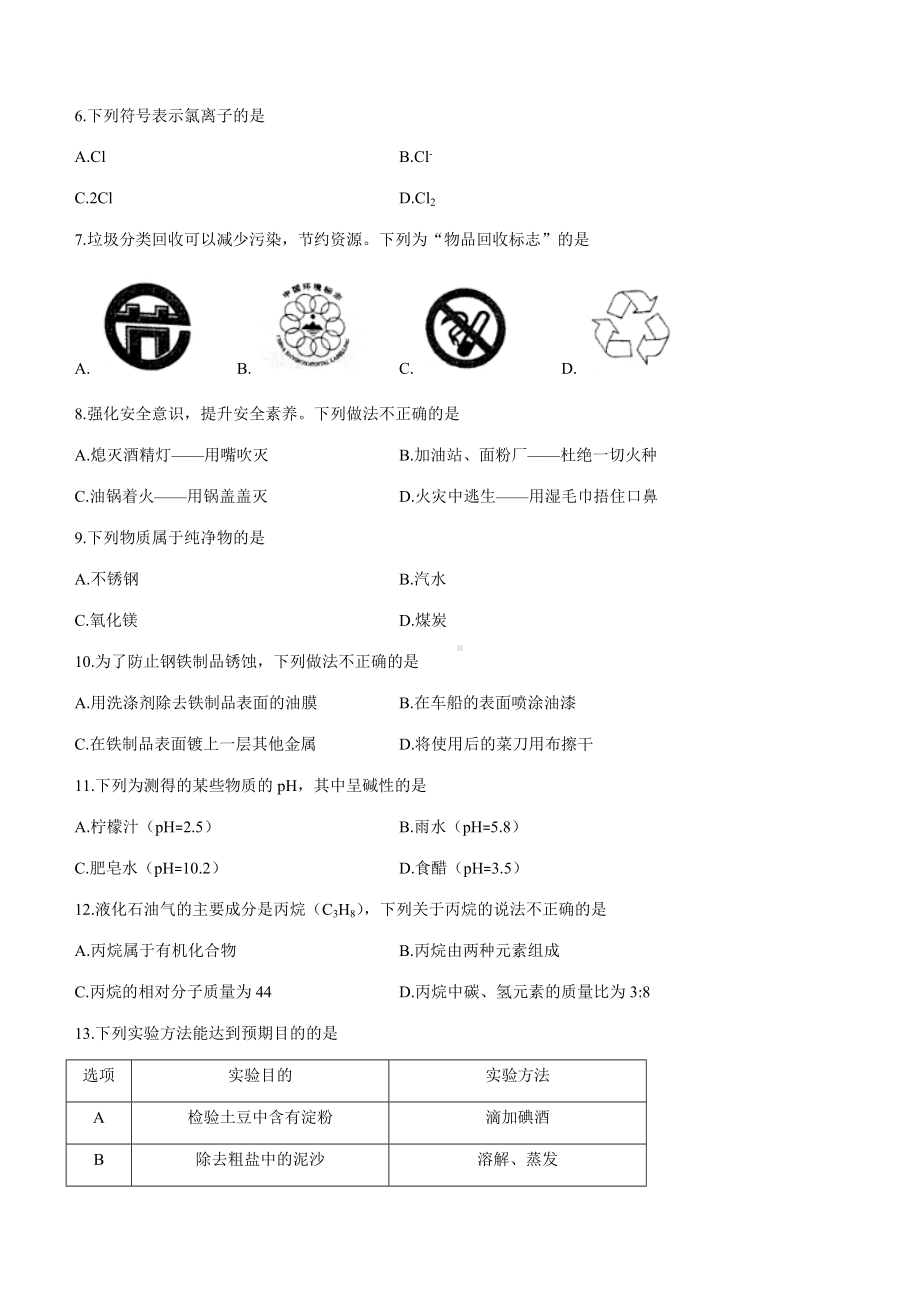 2022年辽宁省沈阳市中考化学真题(无答案) ）.docx_第2页