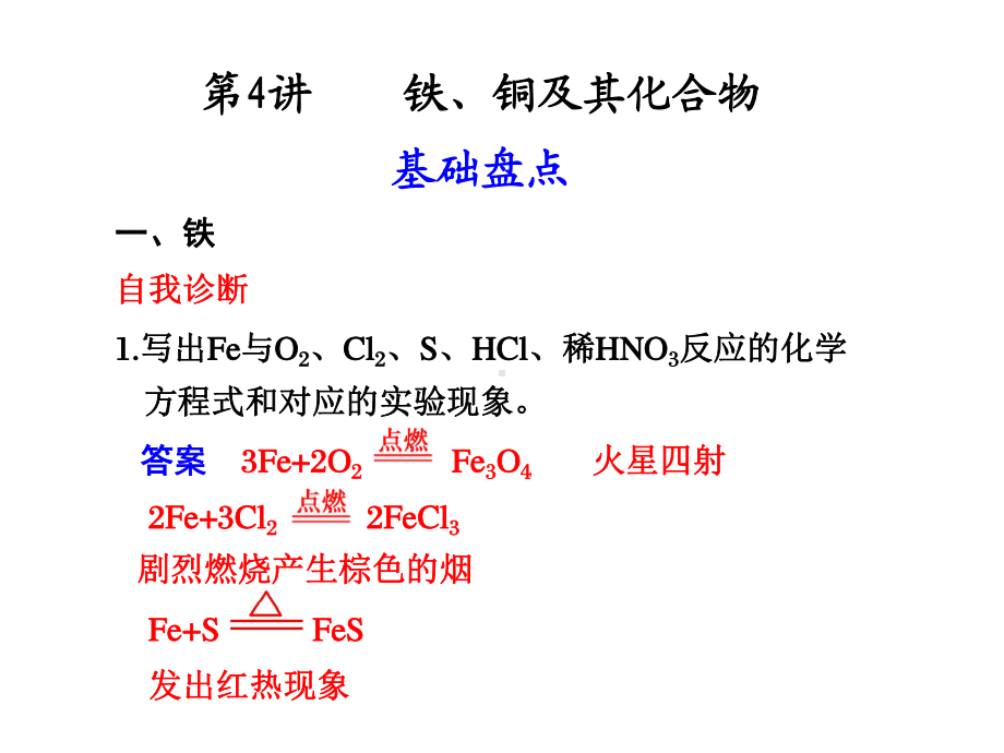 第4讲铁铜及其化合物基础盘点铁自我诊断1写出Fe与课件.ppt_第1页