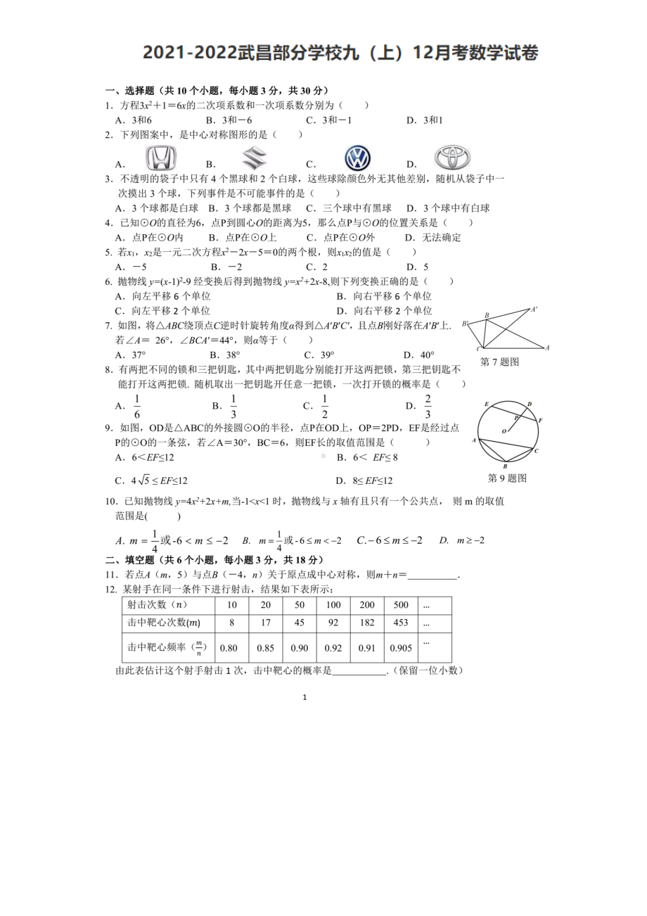 湖北省武汉市武昌部分 2021-2022学年九年级上学期12月月考数学试卷.pdf_第1页