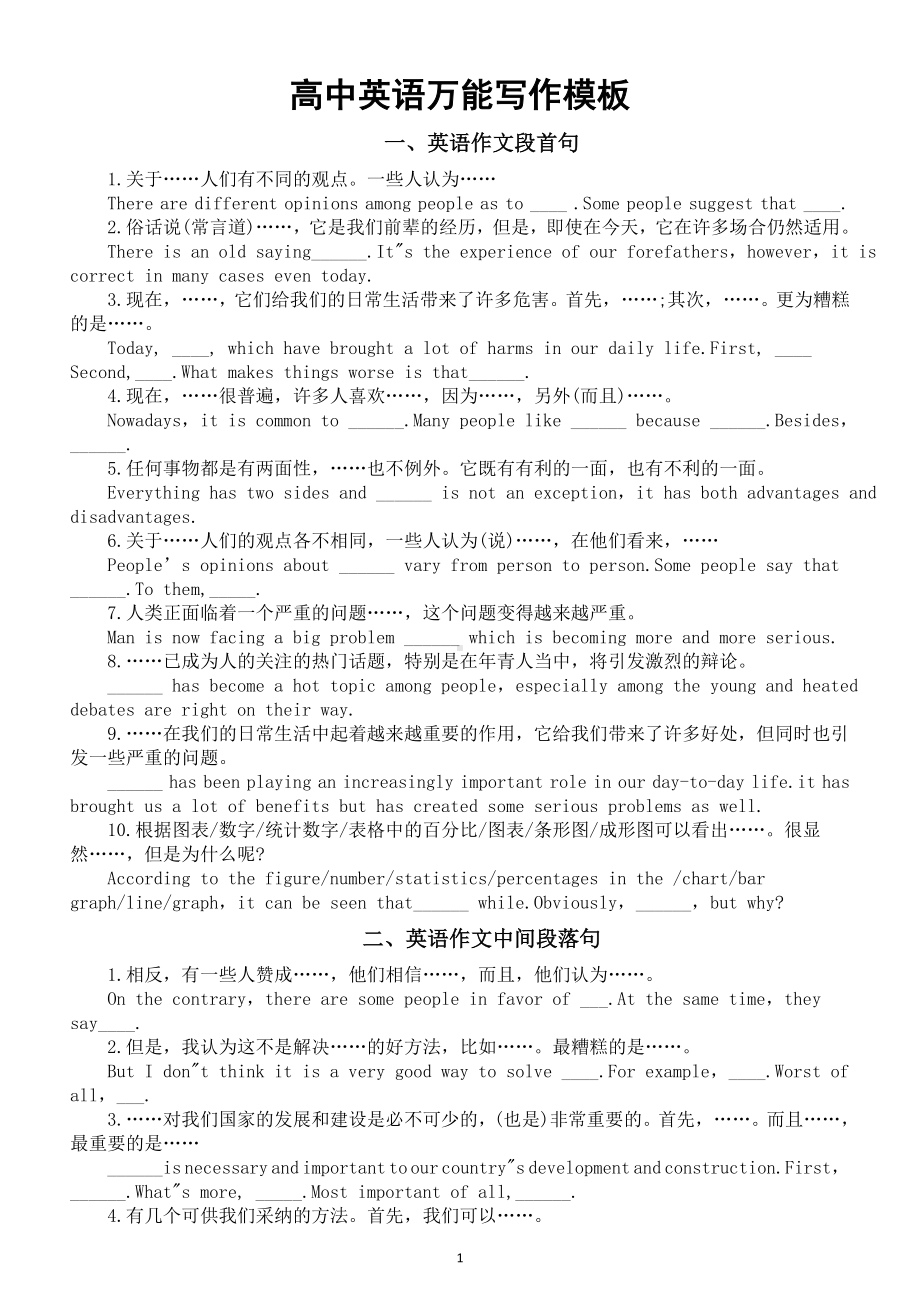 高中英语高考万能写作模板（共七类）.doc_第1页