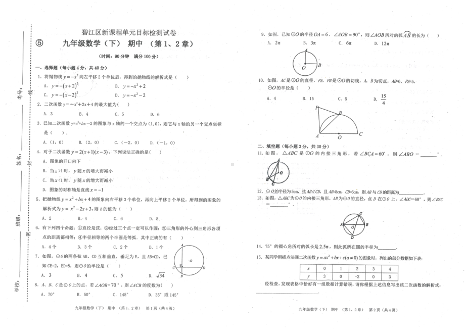 贵州省铜仁市碧江区2020-2021学年九年级下册数学期中测试试卷.pdf_第1页