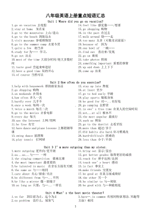 初中英语人教版八年级上册全册重点短语汇总（分单元编排）.docx