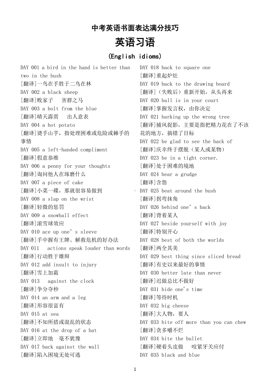 初中英语中考复习英语习语汇总(English idioms)（共228句）（书面表达满分技巧）.docx_第1页