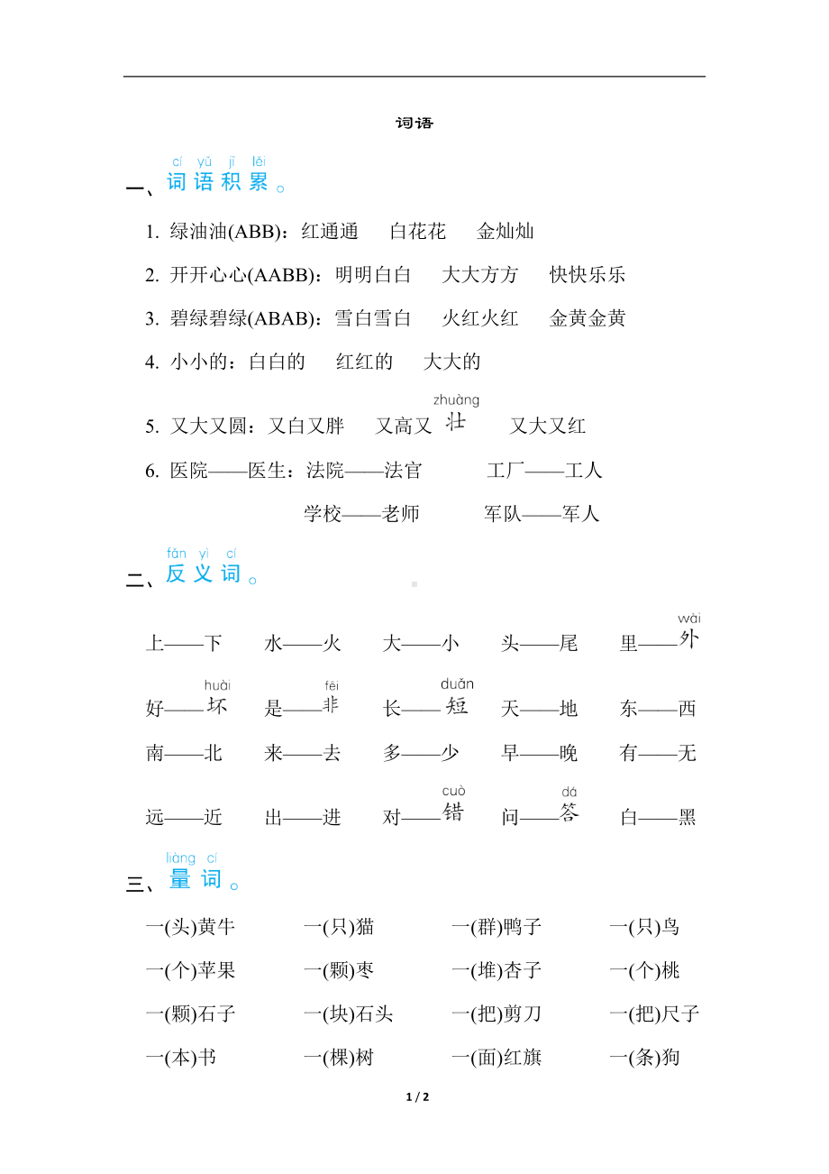 部编版语文一年级上册核心考点梳理评价词语.doc_第1页