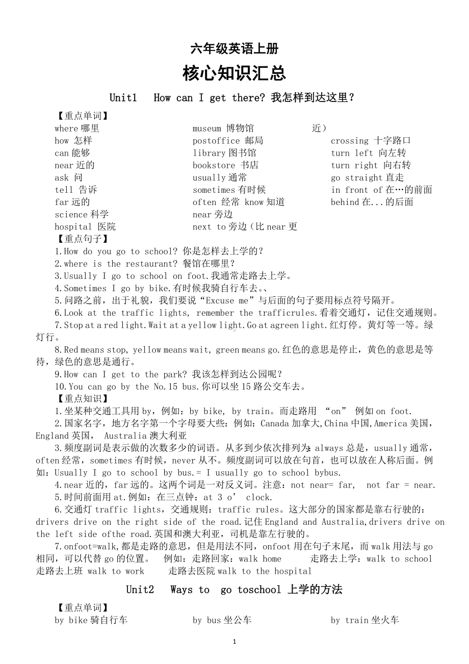 小学英语人教版PEP六年级上册核心知识大汇总（分单元编排）.doc_第1页