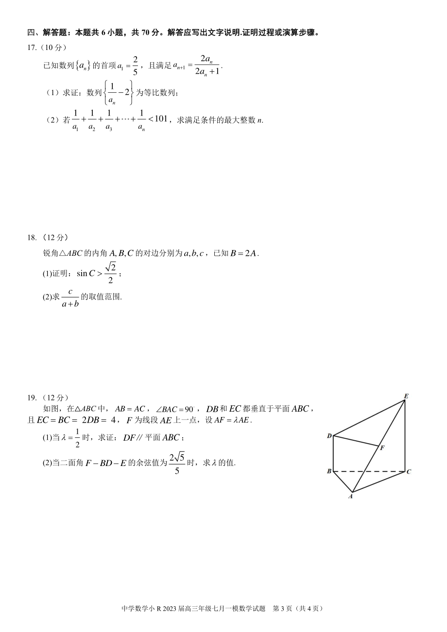 2023届新高考中学数学小R一模数学试卷（打印版）.pdf_第3页