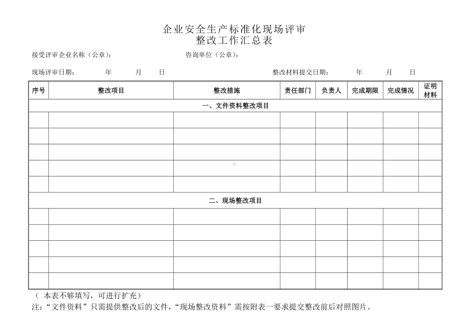 企业安全生产标准化现场评审整改工作汇总表参考模板范本.doc_第1页