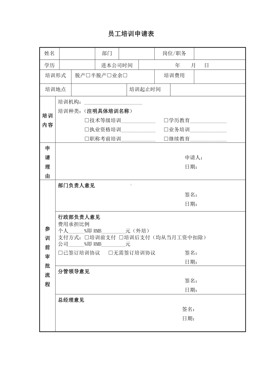 企业公司员工培训申请表参考模板范本.doc_第1页