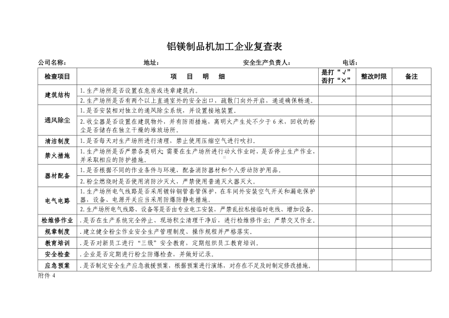 铝镁制品机加工企业复查表参考模板范本.doc_第1页