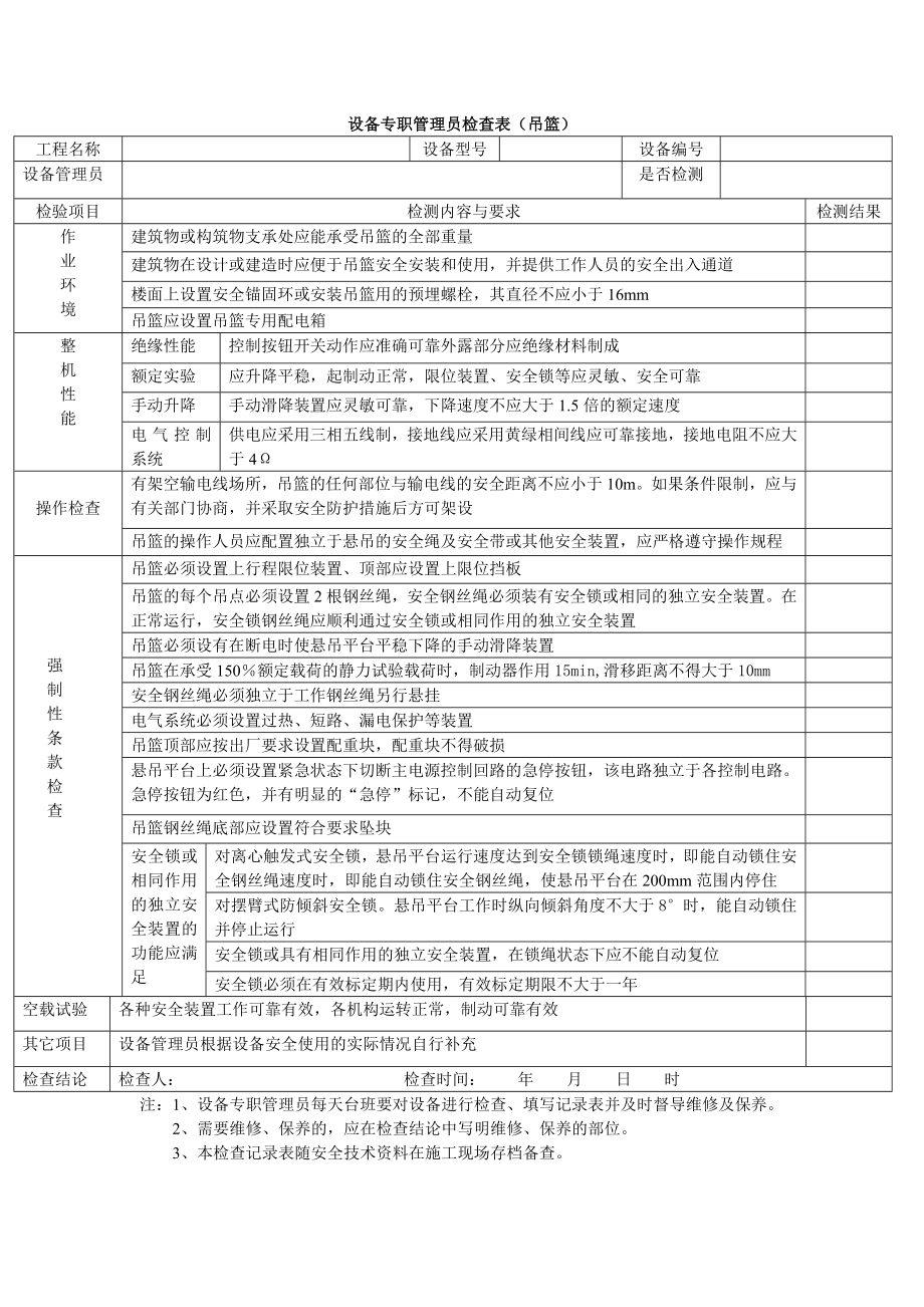 设备专职管理员检查表（吊篮）参考模板范本.doc_第1页