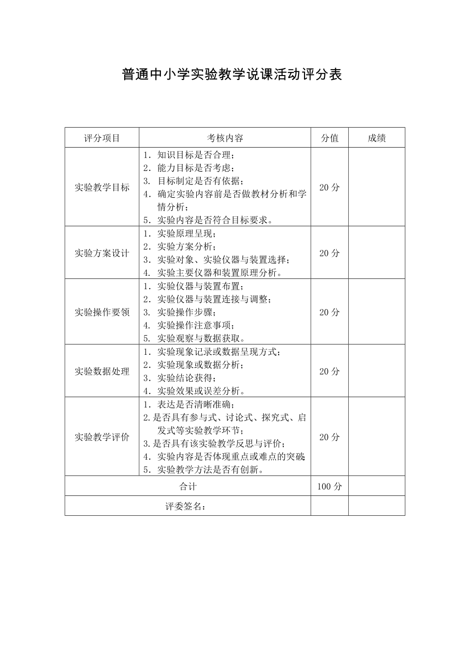 普通中小学实验教学说课活动评分表参考模板范本.doc_第1页